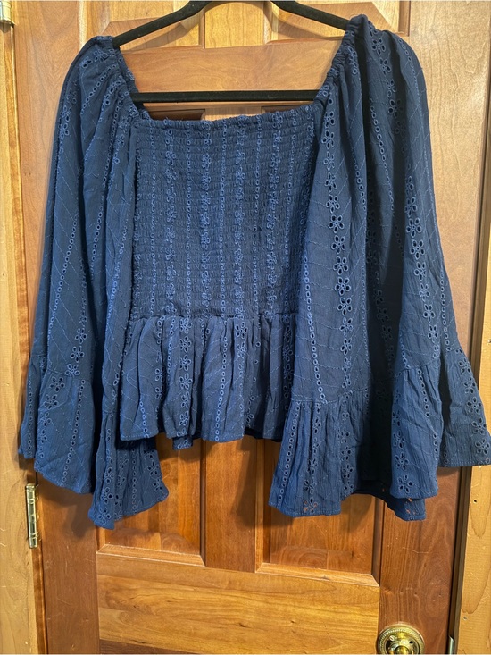 Angie Tops - Angie’s Women’s Navy Eyelet Smocked Peasant Top